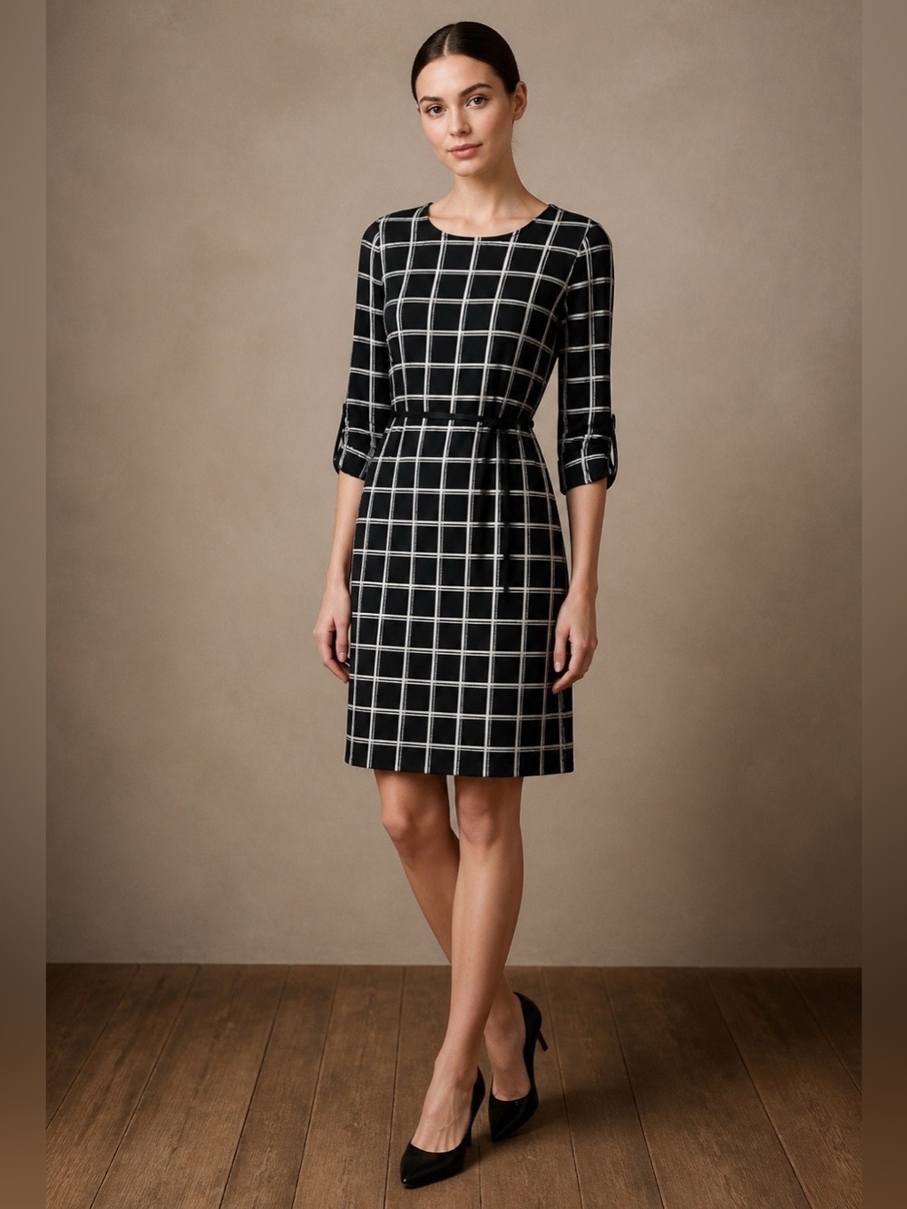 NWT The Limited Window Pane Print 3/4 Sleeve Midi Dress
